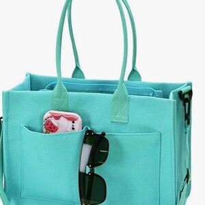 Turquoise Canvas Tote Bag with Front Pocket - Women's Bag